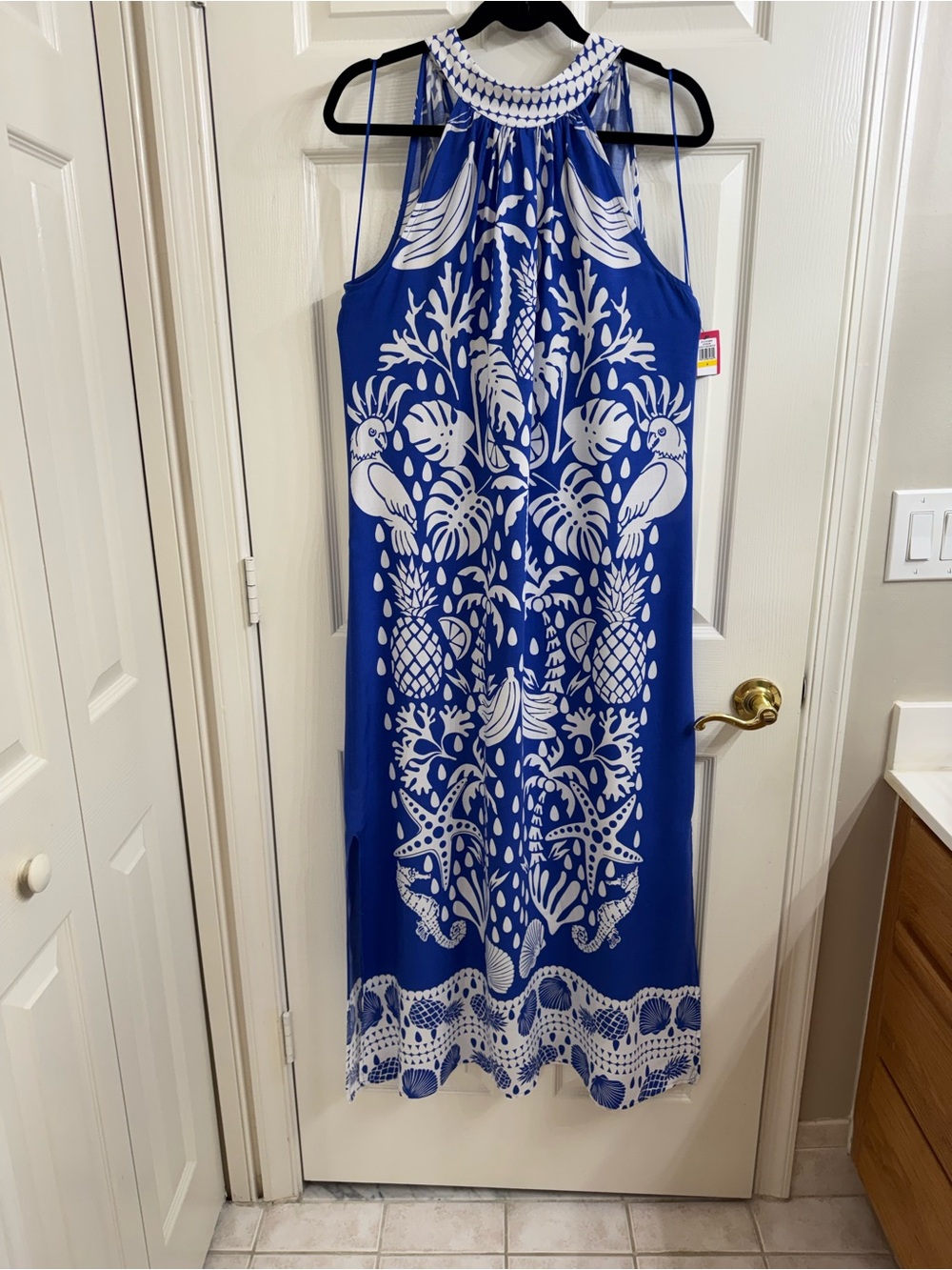 Vince Camuto Blue & White Tropical Halter Style Maxi Dress Size M